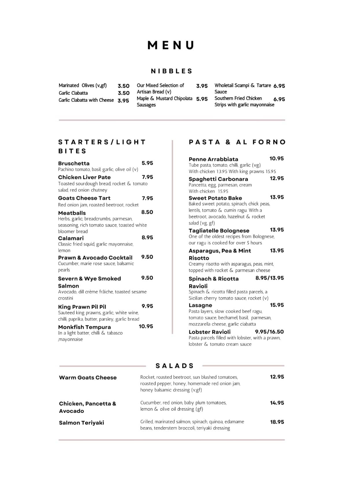 Menu - The Egerton Arms, Broxton