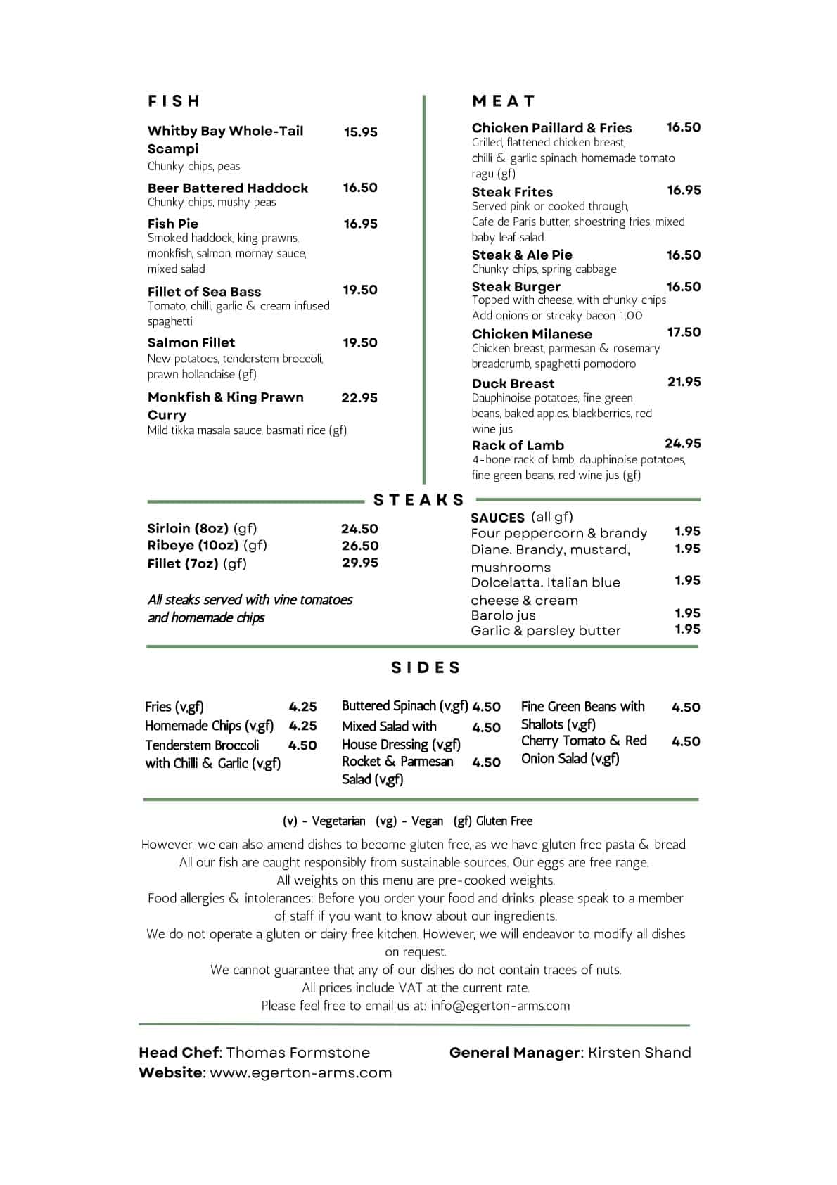 Menu - The Egerton Arms, Broxton